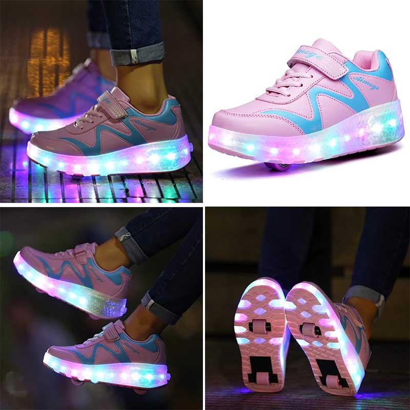 Kids LED Roller Shoes Sneakers with Two Wheel for Boys Girls-686 Pink