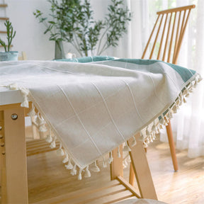 Embroidery Tassel Tablecloth Cotton Linen Dust-Proof Table Cover for Party Home Tabletop Decoration-Green