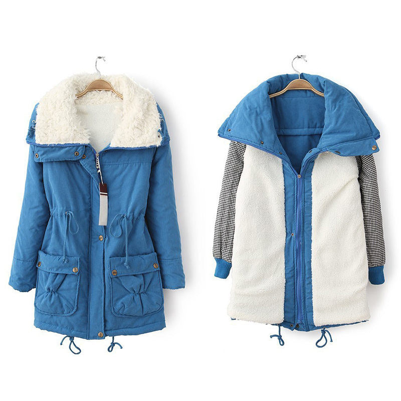 Women's Mid Length Winter Coat Thickened Warm Lamb Wool Lined Jacket-Blue