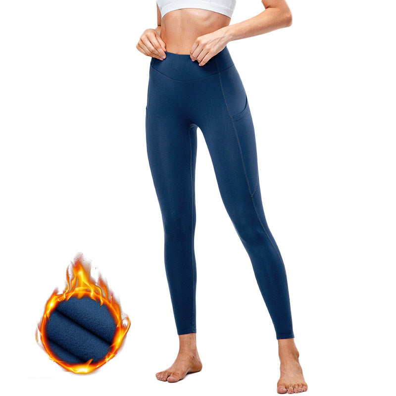 Womens Fleece Leggings with Pockets Tummy Control Thermal Yoga Pants-Blue