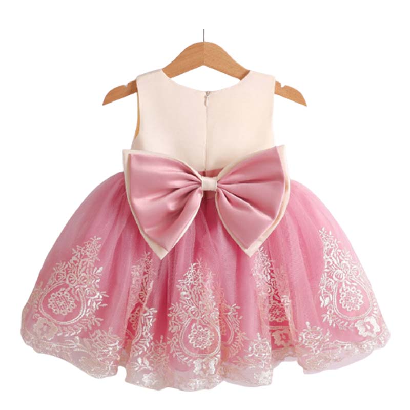 2-6T Little Girl Bowknot Lace Dress Party Wedding Dresses with Headwear-DarkPink