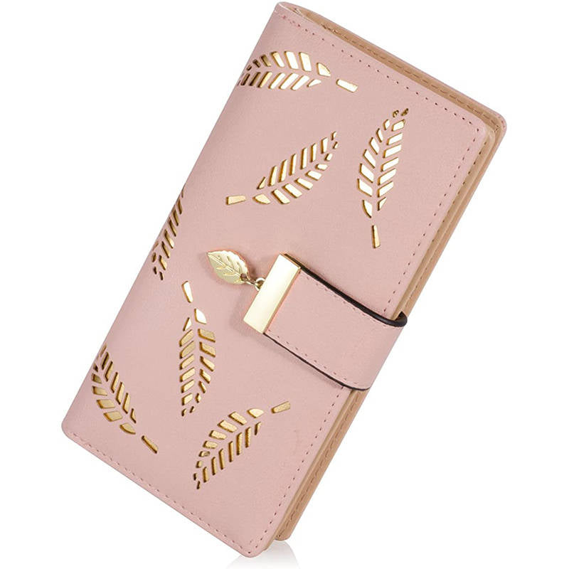 Womens Long Leaf Bifold Wallet Leather Zipper Buckle Elegant Clutch-Pink