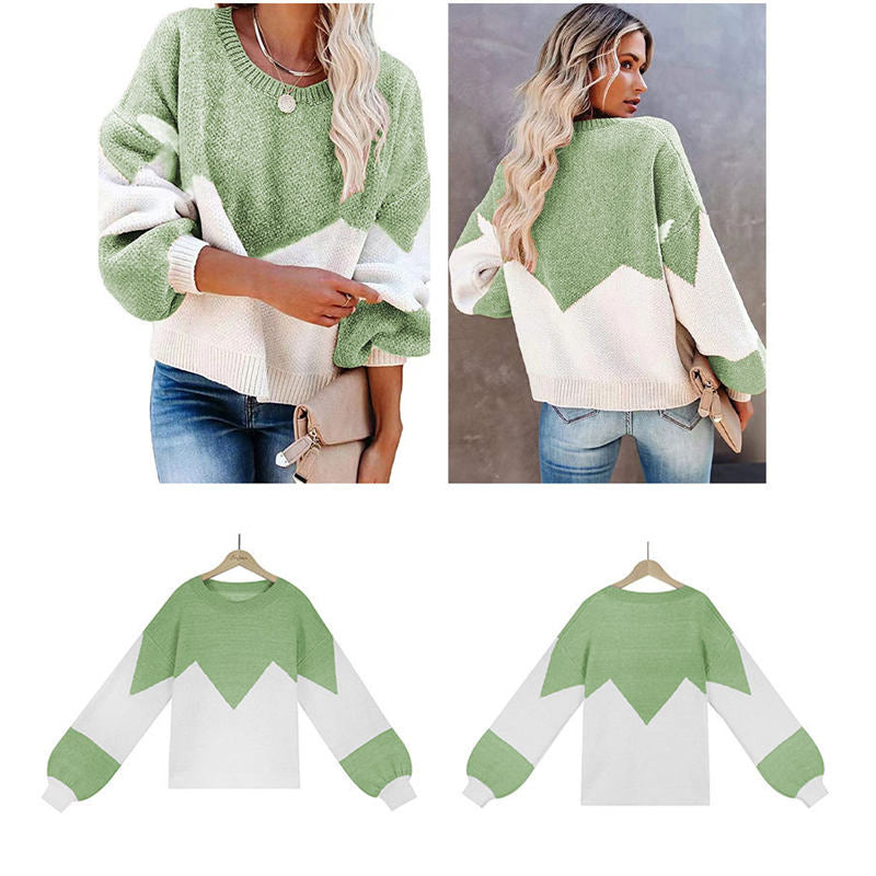 Womens Color Block Loose Knit Pullover Sweater Lantern Sleeve-Green