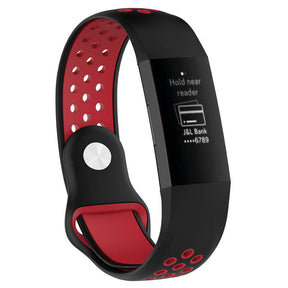 Double Color Porous Breathable Watch Band Silicone Wristband For Fitbit Charge 3 Sport Smartwatch -Black Red