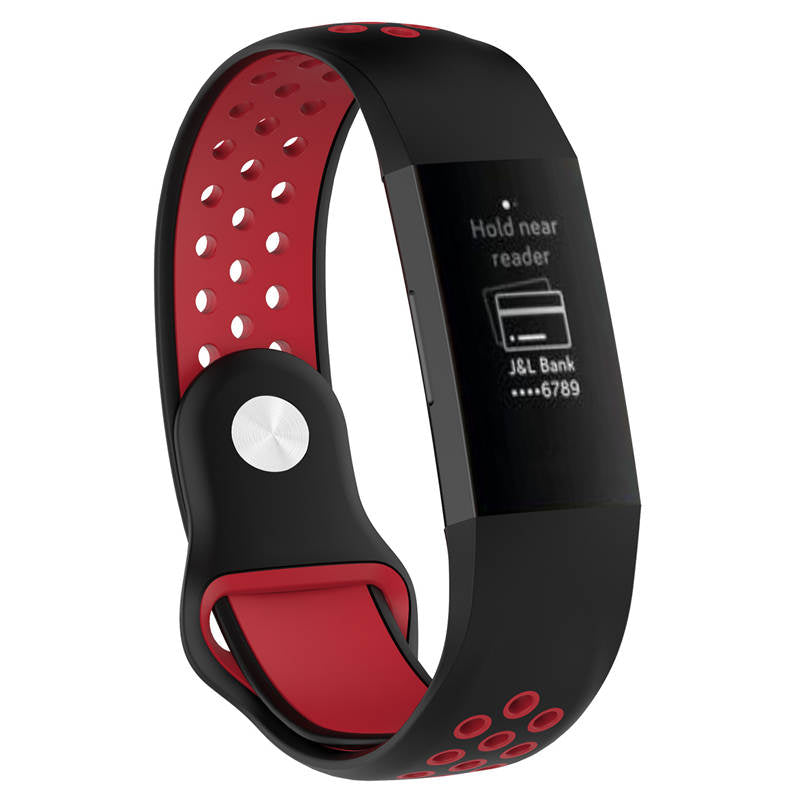 Double Color Porous Breathable Watch Band Silicone Wristband For Fitbit Charge 3 Sport Smartwatch -Black Red