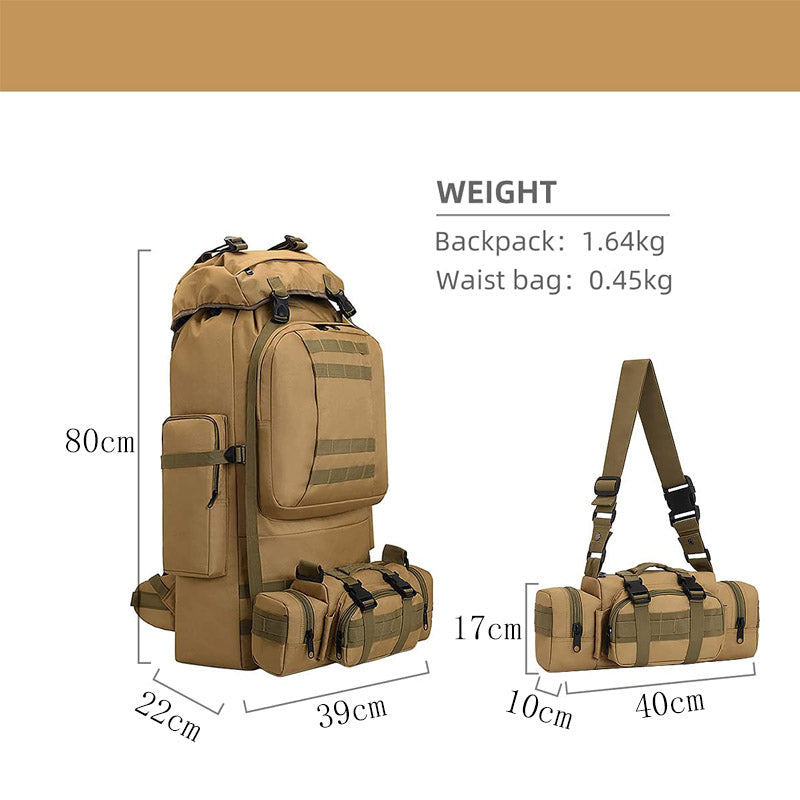 80L Waterproof 2-in-1 Detachable Backpack for Camping-Khaki