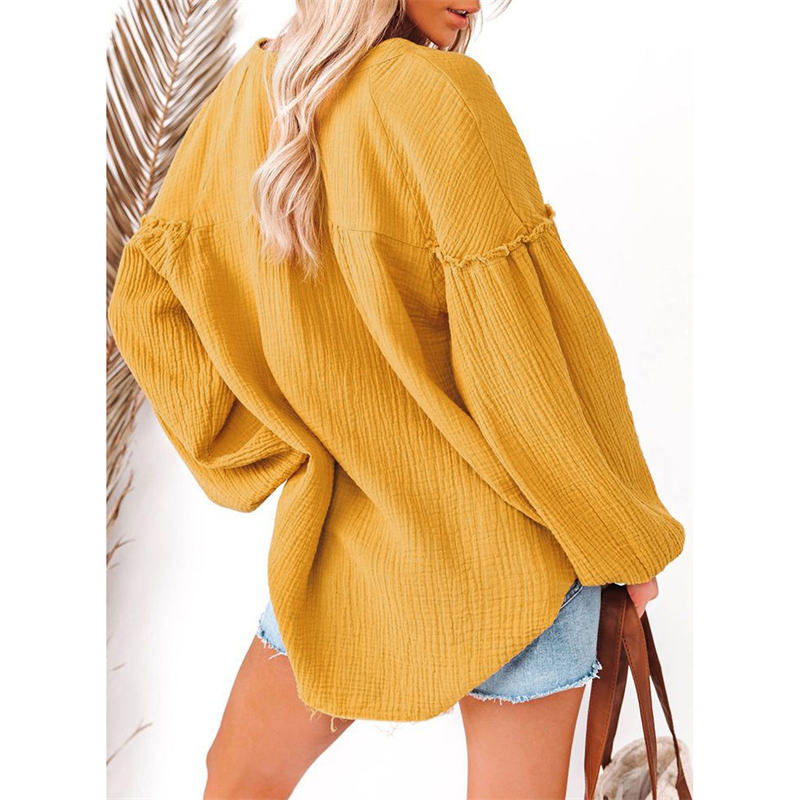 Womens Deep V Neck Lantern Sleeve Blouse Button Down Pullover Tops-Yellow