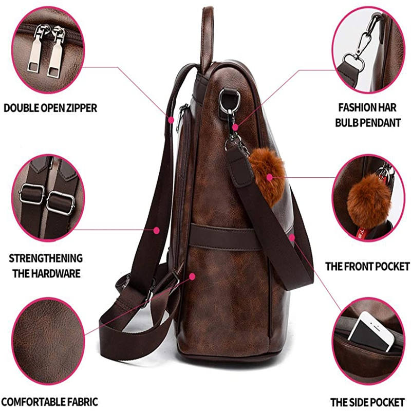 Women Backpack PU Leather Anti-theft Casual Fashion Shoulder Bag-Coffee