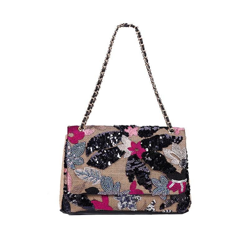 Women Fashion Crossbody Embroidery Shoulder Bag with Chain for Vacation-Black