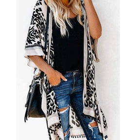 Women Print Kimono Tassel Casual Cardigan V Neck Loose Swimsuit Cover Up Beachwear-Black