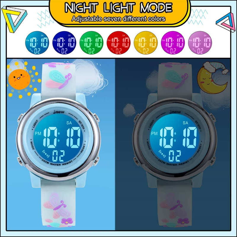 Kids Digital Sport Watches LED with 7 Colors Backlight 3D Butterfly Wristwatch-Blue