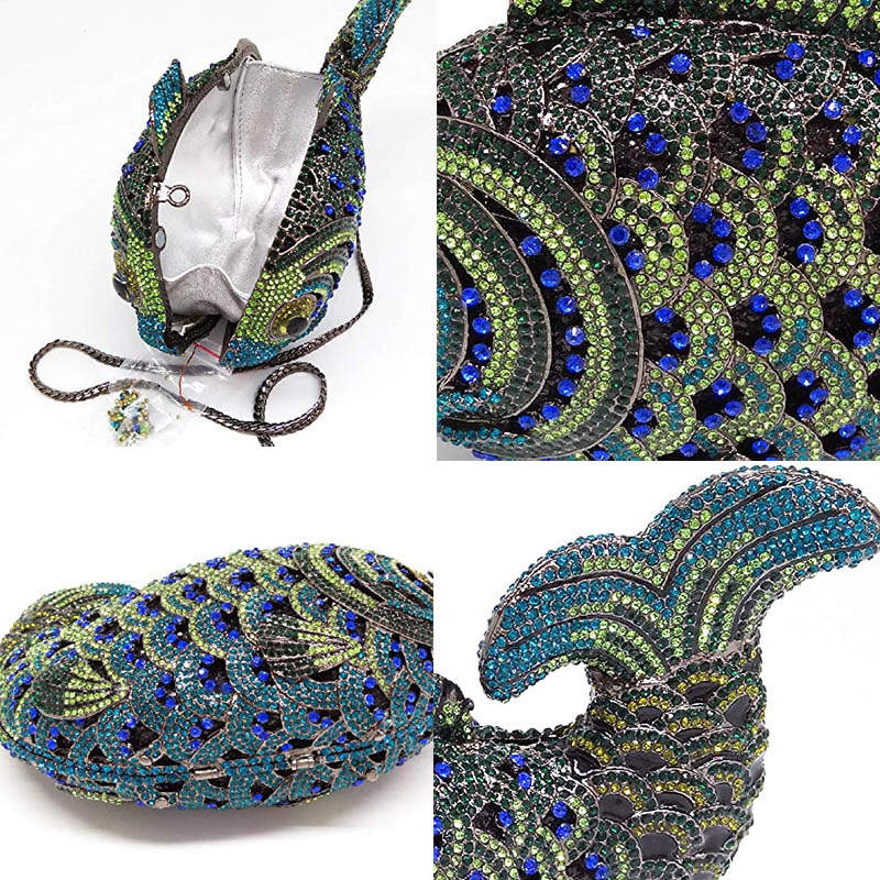 Mini Women Fish Evening Bags Crystal Clutch Purse Rhinestone Handbags with Chain-5