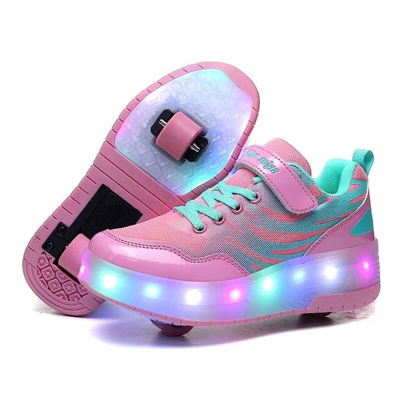 Kids Roller Skates Light up Shoes Sport Sneaker USB Chargable-Pink