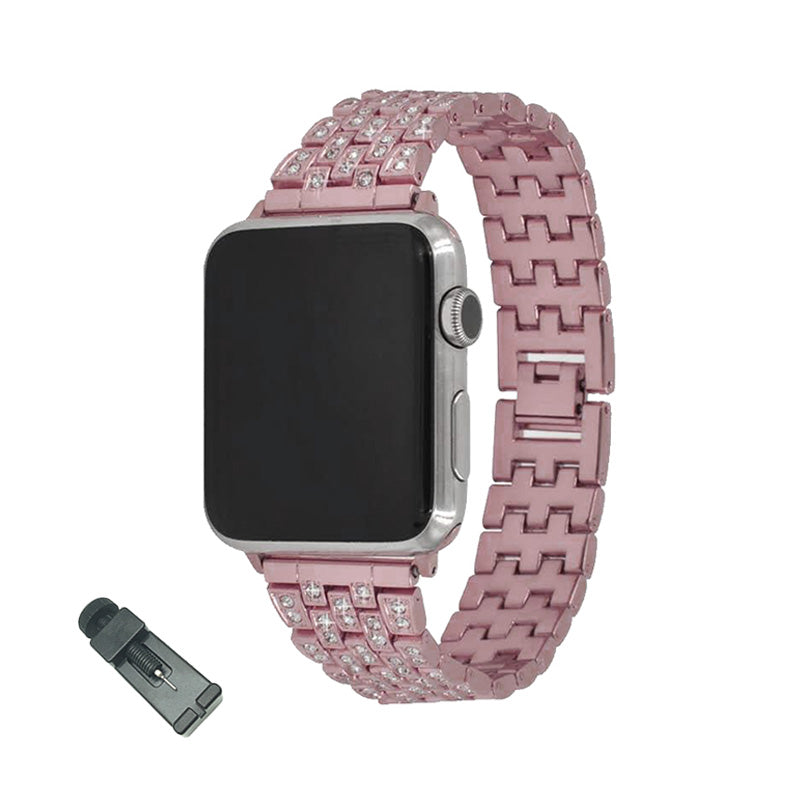 QZ Stainless Steel Bling Watch Band Metal Bracelet Adjustable Wristbands for Apple IWatch Series SE/1/2/3/4/5/6 For Women-Rose Pink