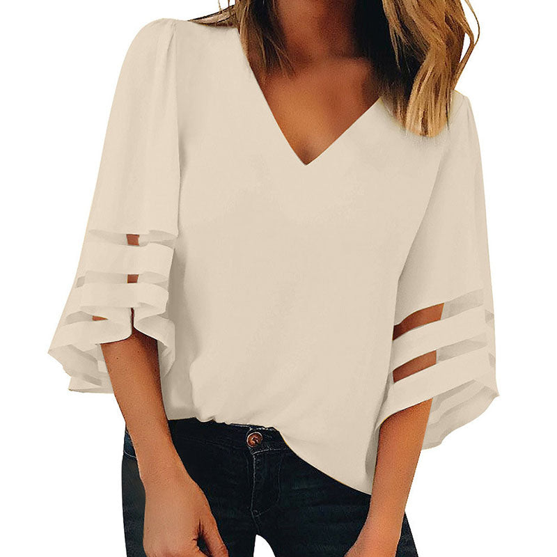 Womens V Neck 3/4 Sleeve Blouse Mesh Panel Shirt Solid Flowy Loose Top-2018