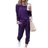 Women Loose Solid Color Long Sleeve Top Casual Drawstring Pants with Pockets-Purple