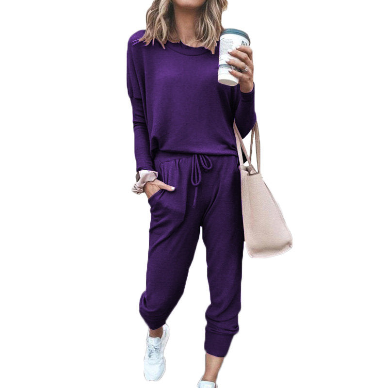 Women Loose Solid Color Long Sleeve Top Casual Drawstring Pants with Pockets-Purple