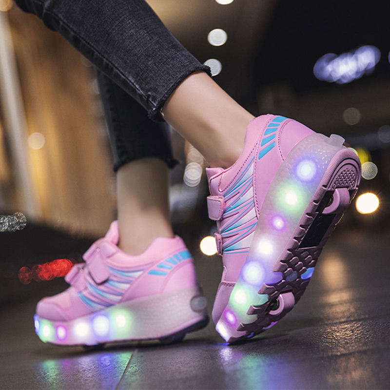 Kids Fashion Roller Shoes with Double Wheel USB Charging-Pink