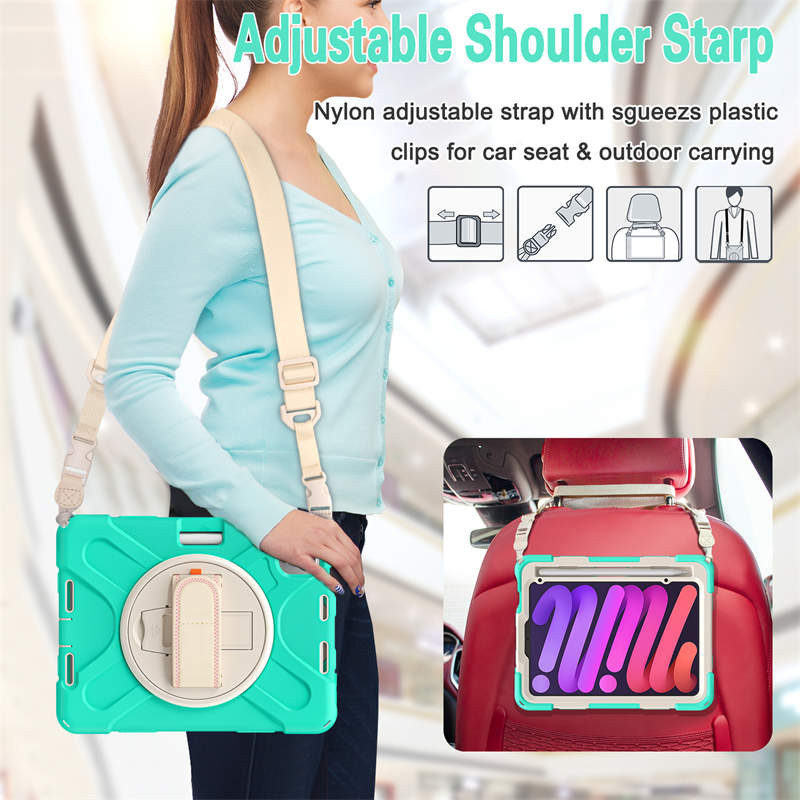 Onepiece iPad Case For iPad Mini 6 Full Body Shockproof Protective Case With Holder/Hand Strap-Mint Green