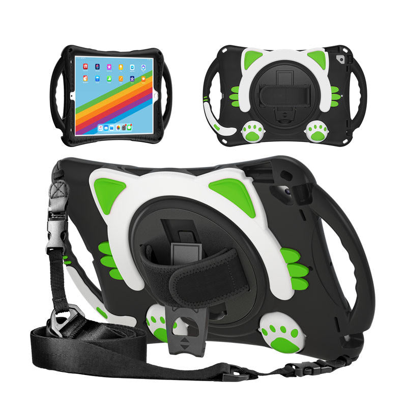 CatA iPad Silicone Case For iPad 10.2 Air10.5 Pro10.5 Built-in Handle Stand With a Strap-Black Green