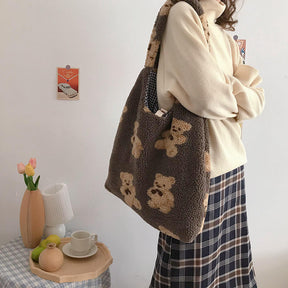 Women Girls Cute Bear Plush Shoulder Bag Large Shopping Handbag-Brown