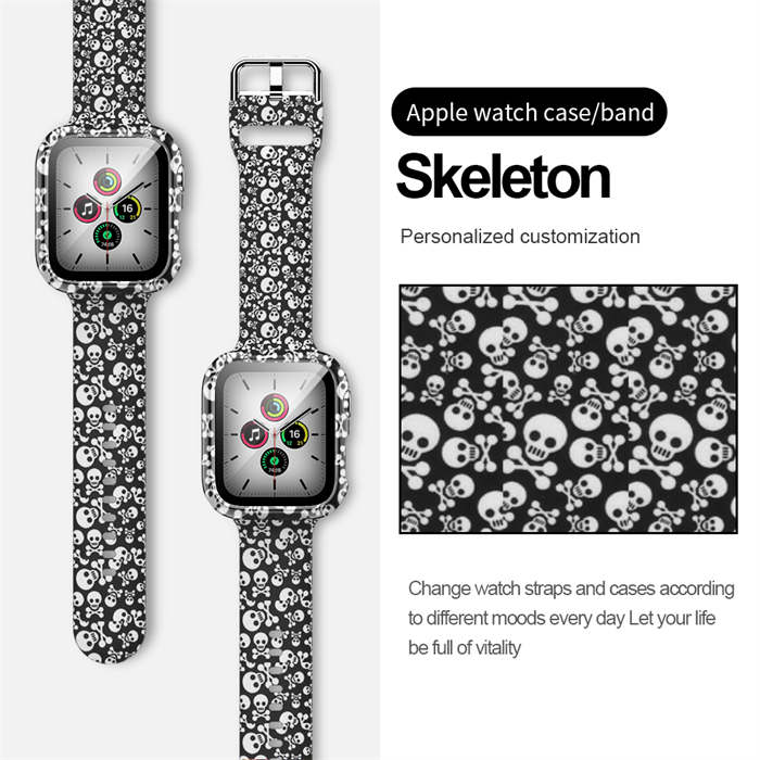 Silicone Printed Watch Band with Screen Protector Case for iWatch Series SE/6/5/4/3/2/1-Skull