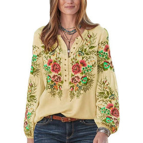 Womens Long Sleeve V Neck Print Blouse Loose Fit Casual Tops-Yellow