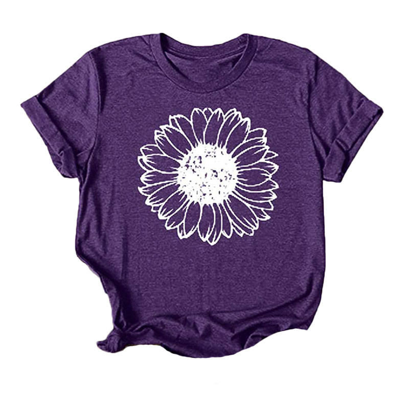 Womens Sunflower Summer Short Sleeve T-shirt Loose Casual Top-Purple