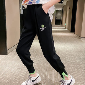 Girls Joggers Long Pants Pockets Outdoor Casual Trousers Smiley-Black