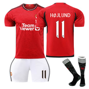 Red Devil Home Jersey HOJLUND #11 Soccer Jersey Kids Adult 3Pcs Jersey Kits