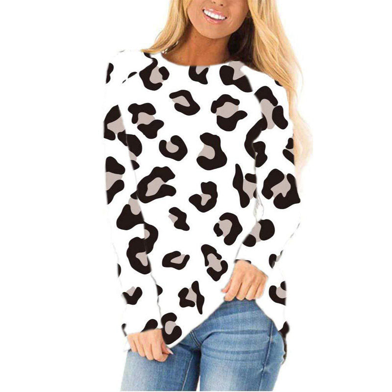 Womens Leopard Print Crewneck Loose Top Long Sleeve-White