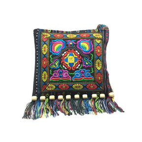 Vintage Embroidered Fringe Sling Crossbody Bag Boho Shoulder Bag-Blue Camellia