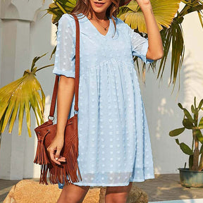 Womens Summer Short Sleeve V-neck Dress Swiss Dot A Line Dresses-LightBlue