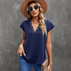 Womens Lace V Neck Blouse Solid Color Summer Lightweight Casual Chiffon Shirt-Navy Blue