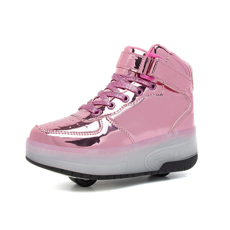Kids Light Up Roller Skate Shoes High Top Sneakers Double Wheels-Pink