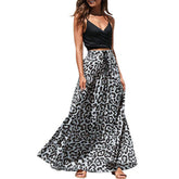 Women's Gold Velvet Fashion Leopard Printing Maxi Skirt High Elastic Shirring Waisted Dress-Light Gray