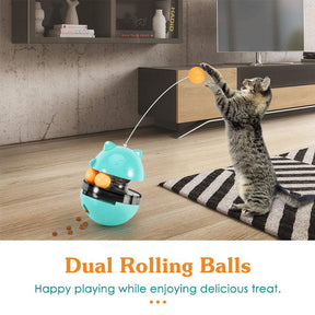 Tumbler Style Cat Food Dispenser Treat Toys with Dual Rolling Balls Detachable Wand-Blue