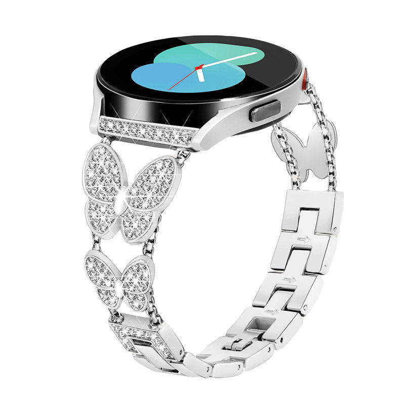 20mm Metal Watchband Butterfly Bling Diamond for Galaxy Watch 3/4/5-Silver