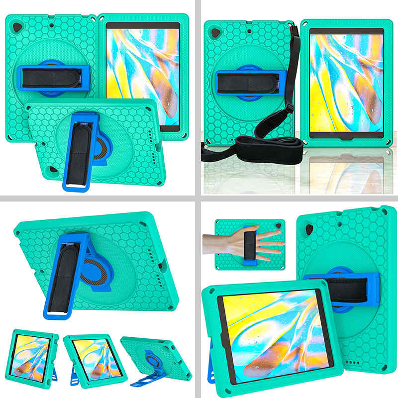 iPad Case With Handle Stand Shoulder Strap for iPad7/iPad8/iPad9 10.2/iPad10.5-GreenBlue