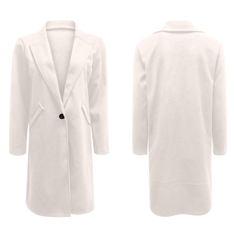 Elegant Womens Coat Lapel Solid Button Down Warm Long Outwear-White