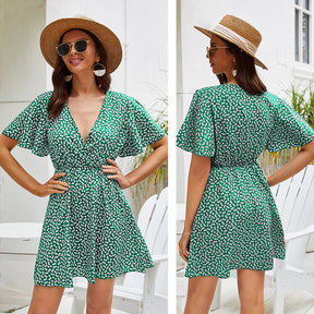Womens Chiffon Deep V Neck Printed Summer Boho Dresses High Waist