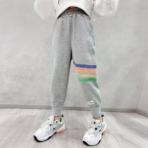 Girls Joggers Long Pants Pockets Outdoor Casual Trousers Rainbow-Gray