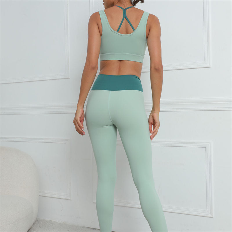 Womens Color Block Hip Lift Fitness Suit Sports Underwear and Yoga Trousers-Green