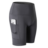 Women Yoga Shorts With Pocket High Waist Fitness Running Leggings Sports Quick Drying Tight Pants 2048-Gray