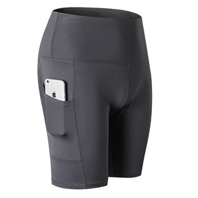 Women Yoga Shorts With Pocket High Waist Fitness Running Leggings Sports Quick Drying Tight Pants 2048-Gray