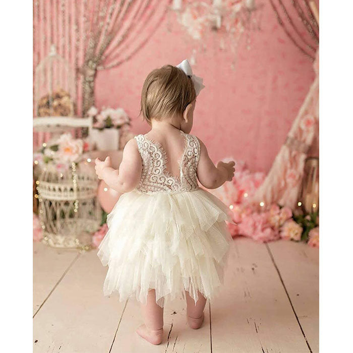 Little Girl Lace Flower Tutu Dress Backless Wedding Flower Girl Dress-White
