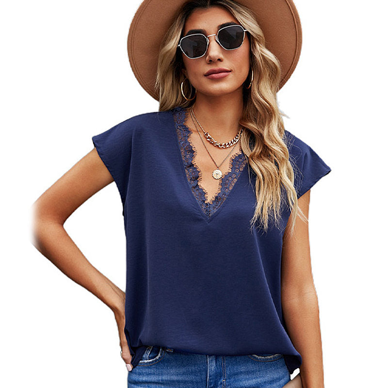 Womens Lace V Neck Blouse Solid Color Summer Lightweight Casual Chiffon Shirt-Navy Blue