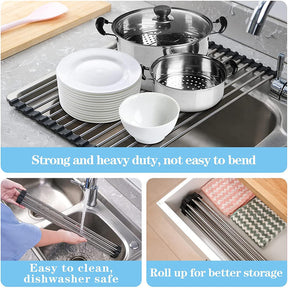 18Tubes Roll-Up Dish Drying Rack Stainless Steel for Kitchen Sink-Black