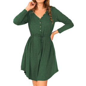 Ladies Casual V Neck Button Long Sleeve Tunic Dress-Green