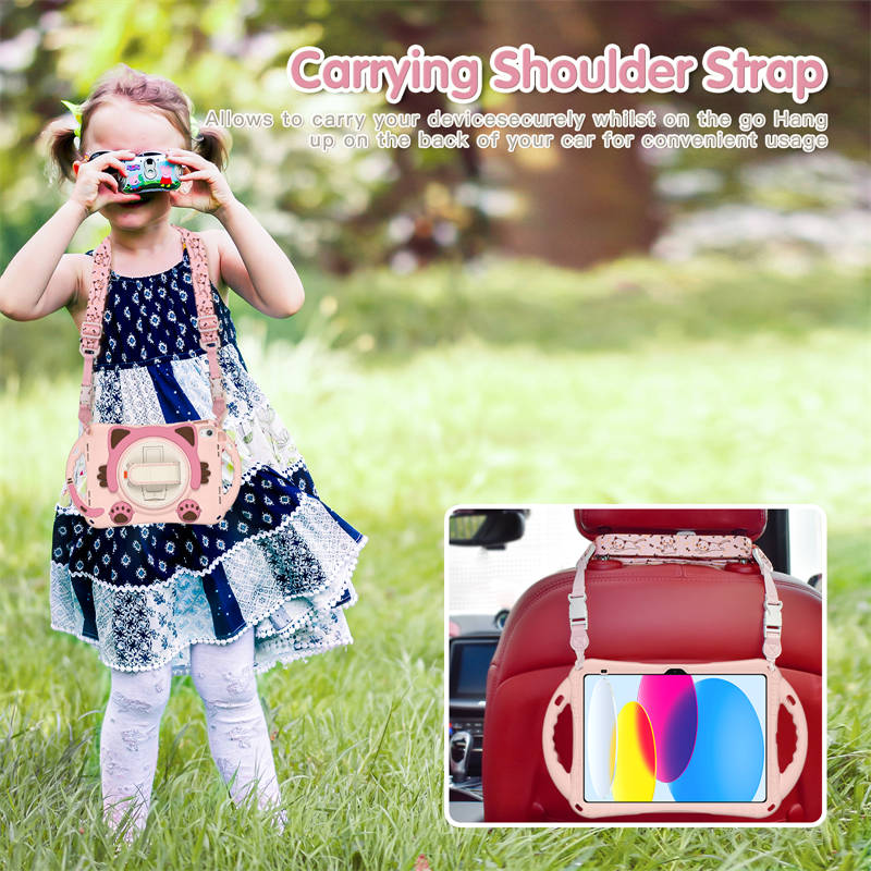 Cat Tablet Case For iPad 10th Rugged with Shoulder Strap-Pink